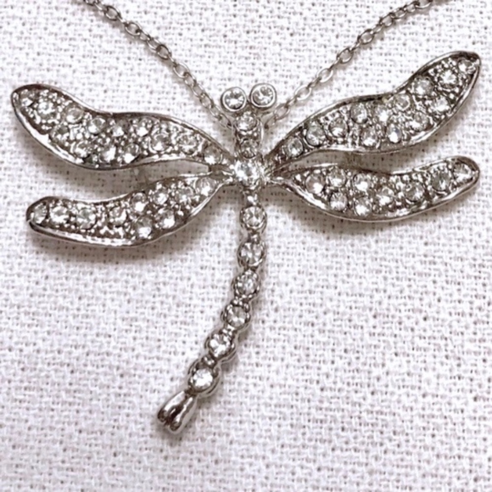 Crystal Studded Silver Dragonfly Pendant Necklace NWOT